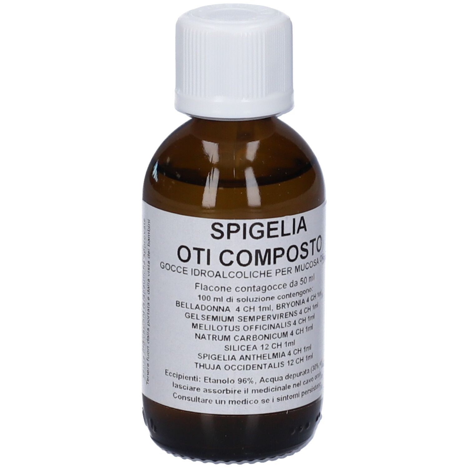 Flacone di vetro marrone con tappo bianco. Etichetta con nome e ingredienti. Soluzione in gocce.