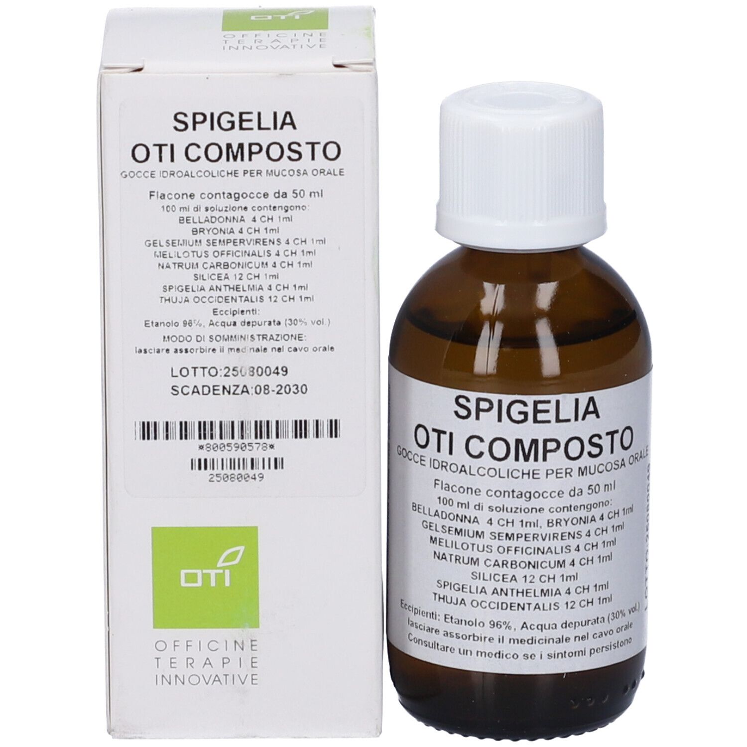 Flacone e confezione. Flacone marrone con tappo bianco. Scatola con informazioni sul prodotto.