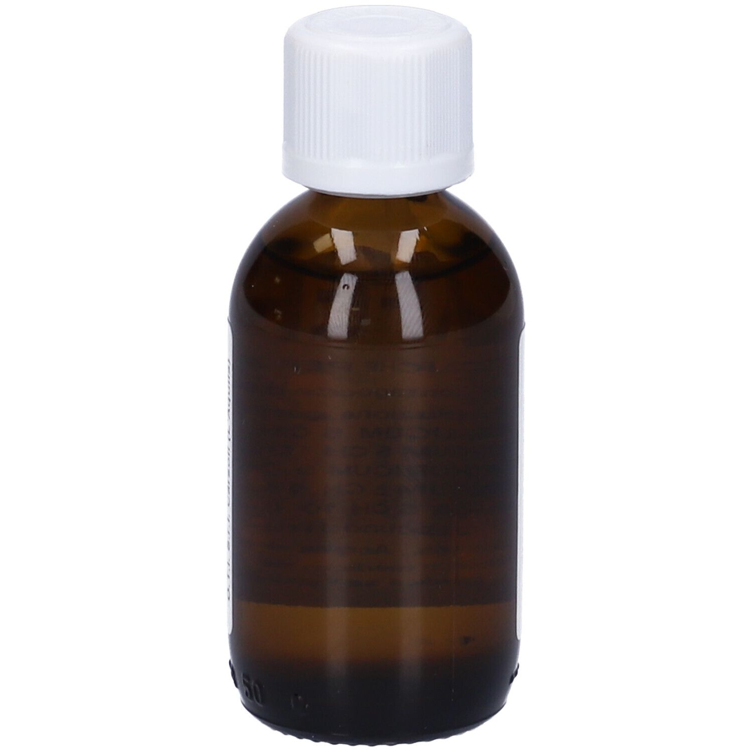 Flacone di vetro marrone con tappo bianco. Nessuna etichetta visibile. Liquido all'interno.