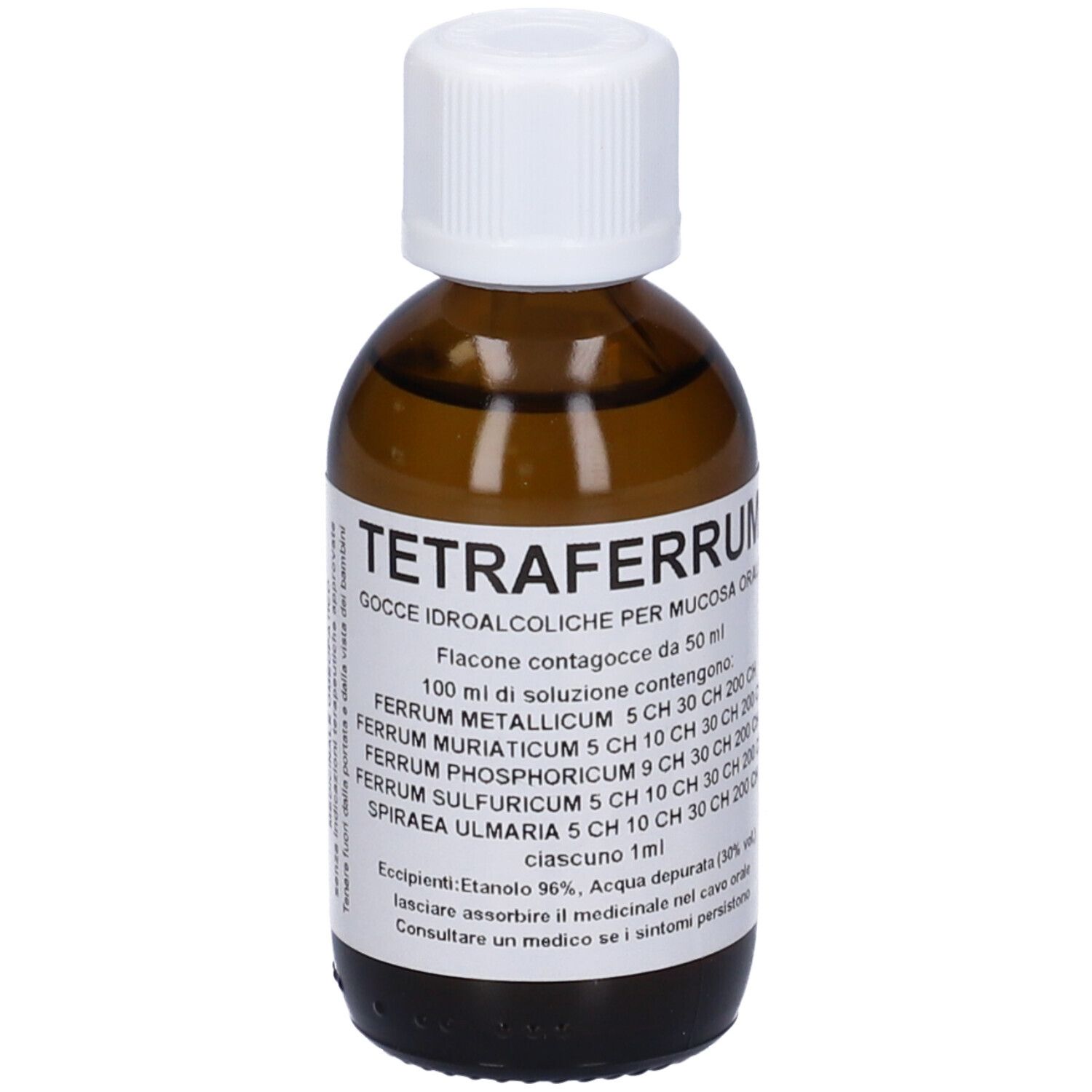 Flacone di vetro marrone con tappo bianco. Etichetta con testo: Tetraferrum, gocce, ingredienti.