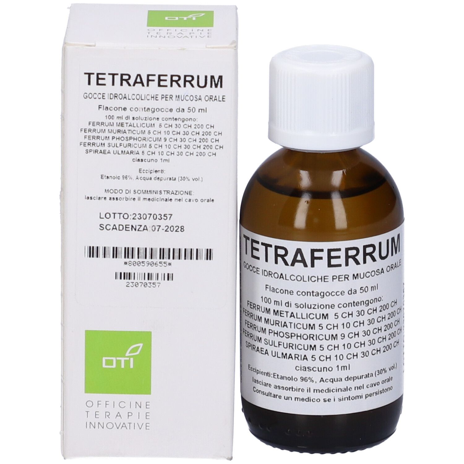 Confezione e flacone. Scatola e flacone di vetro marrone con tappo bianco. Etichetta: Tetraferrum, ingredienti.