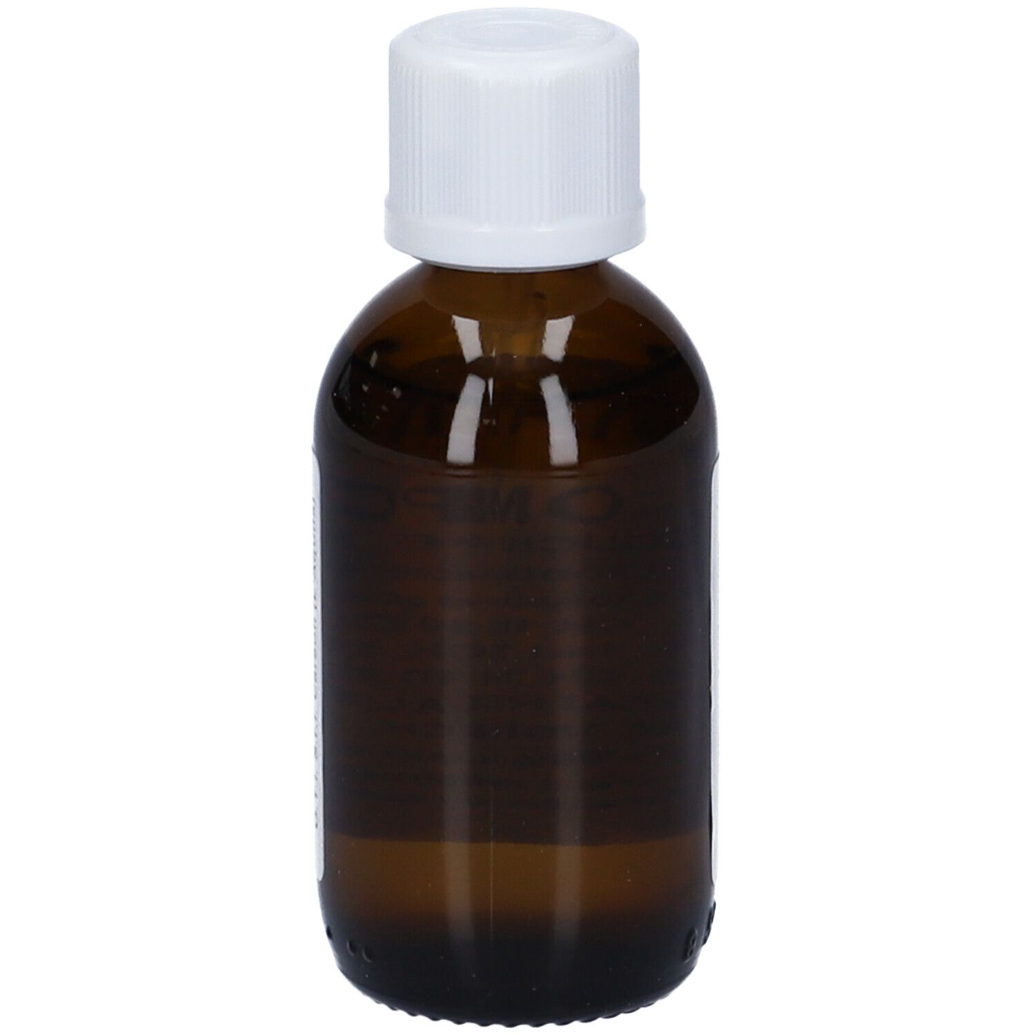 Flacone di vetro marrone con tappo bianco. Nessuna scritta visibile. Vista prospettica.