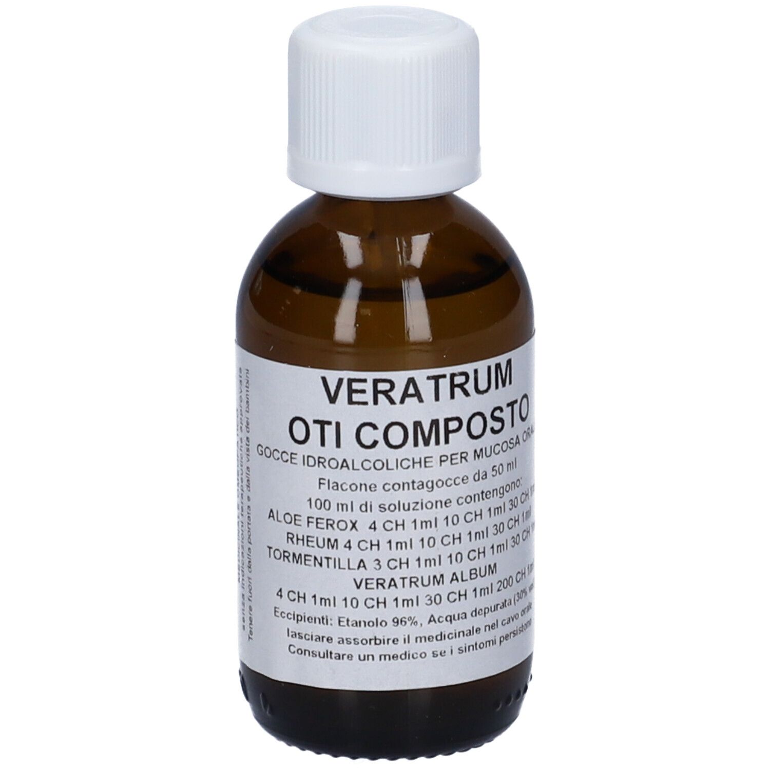 Flacone di vetro marrone con tappo bianco ed etichetta. Scritta: Veratrum Oti Composto, Gocce Idroalcoliche. Ingredienti.