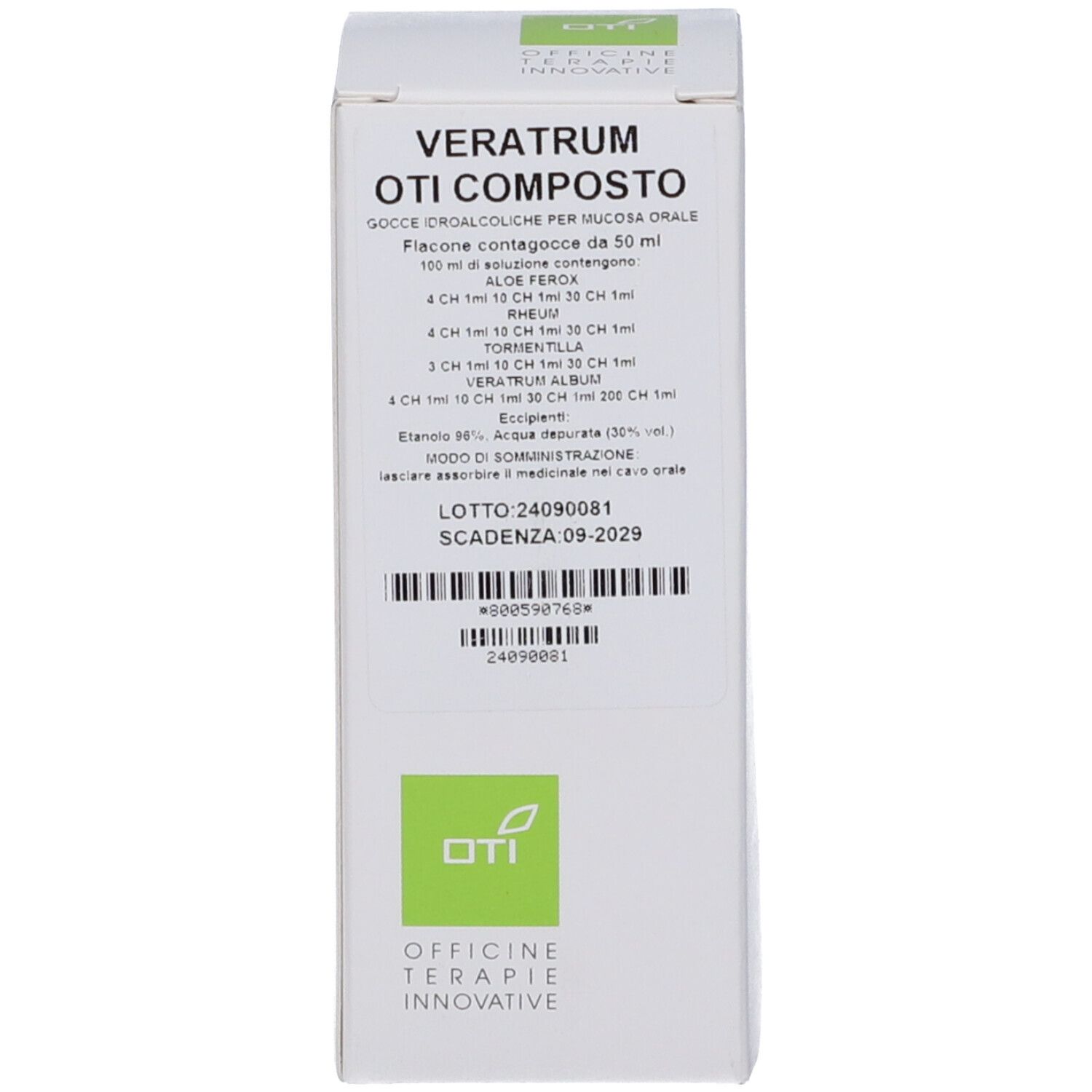 Confezione bianca del prodotto con testo e logo. Scritta: Veratrum Oti Composto, Gocce Idroalcoliche. Ingredienti.