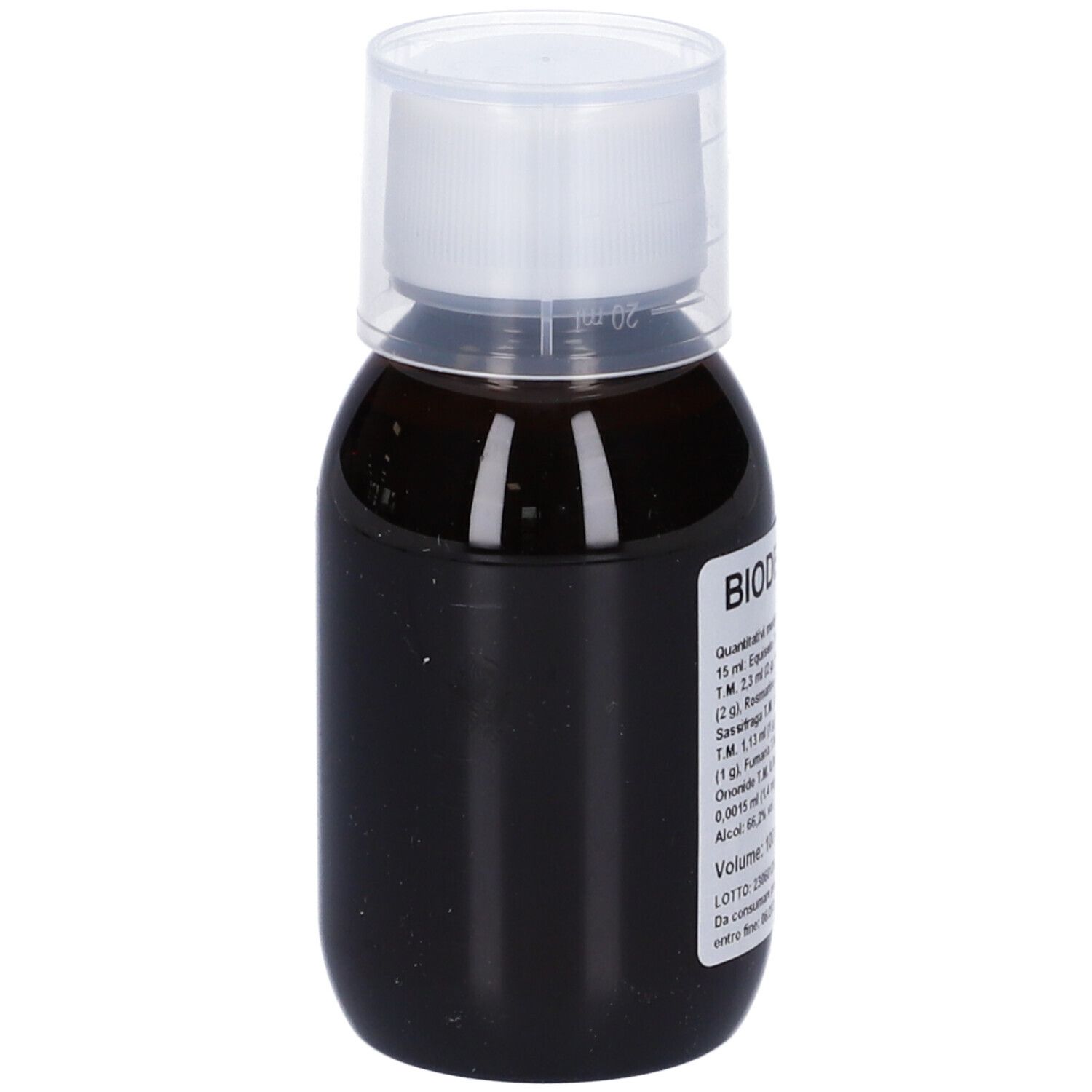 Liquido marrone in bottiglia con tappo bianco. Scritta: Biodepuroti. Testo con ingredienti.