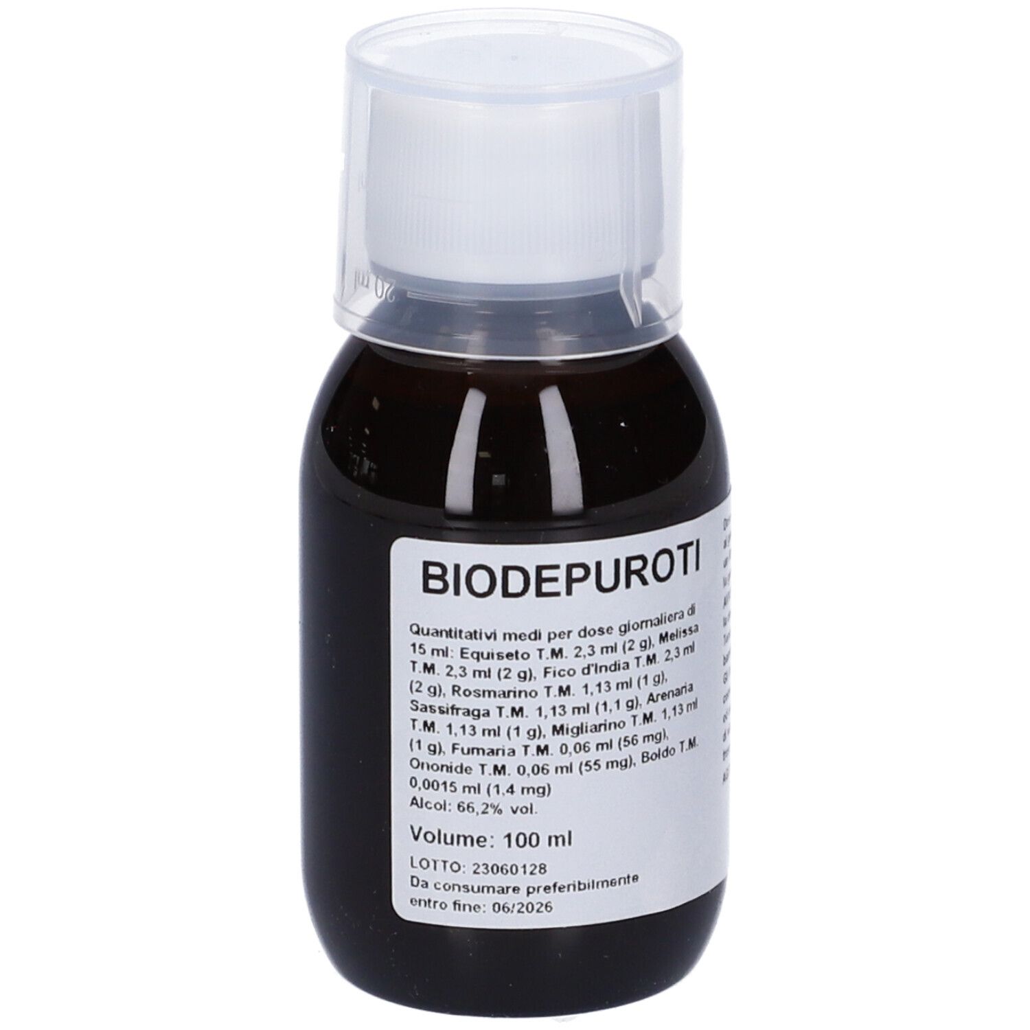 Liquido marrone in bottiglia con tappo bianco. Scritta: Biodepuroti. Testo con ingredienti.