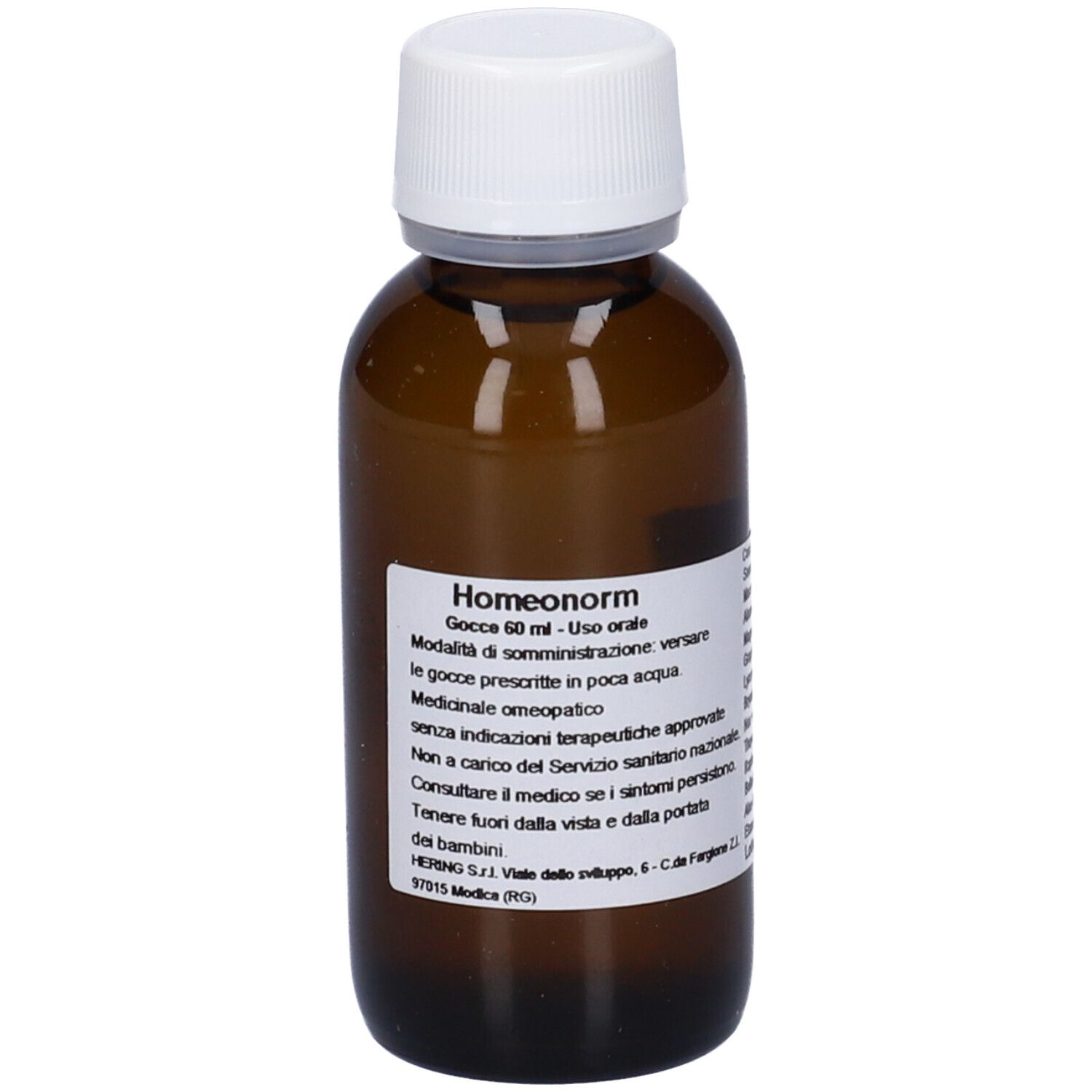 Flacone di vetro marrone con tappo bianco ed etichetta. Homeonorm sull'etichetta. Gocce per uso orale.