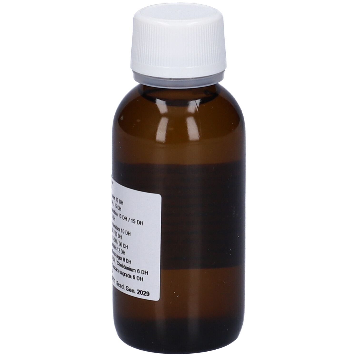 Flacone di vetro marrone con tappo bianco ed etichetta. Ingredienti e dosaggio sull'etichetta. Prodotto medico.