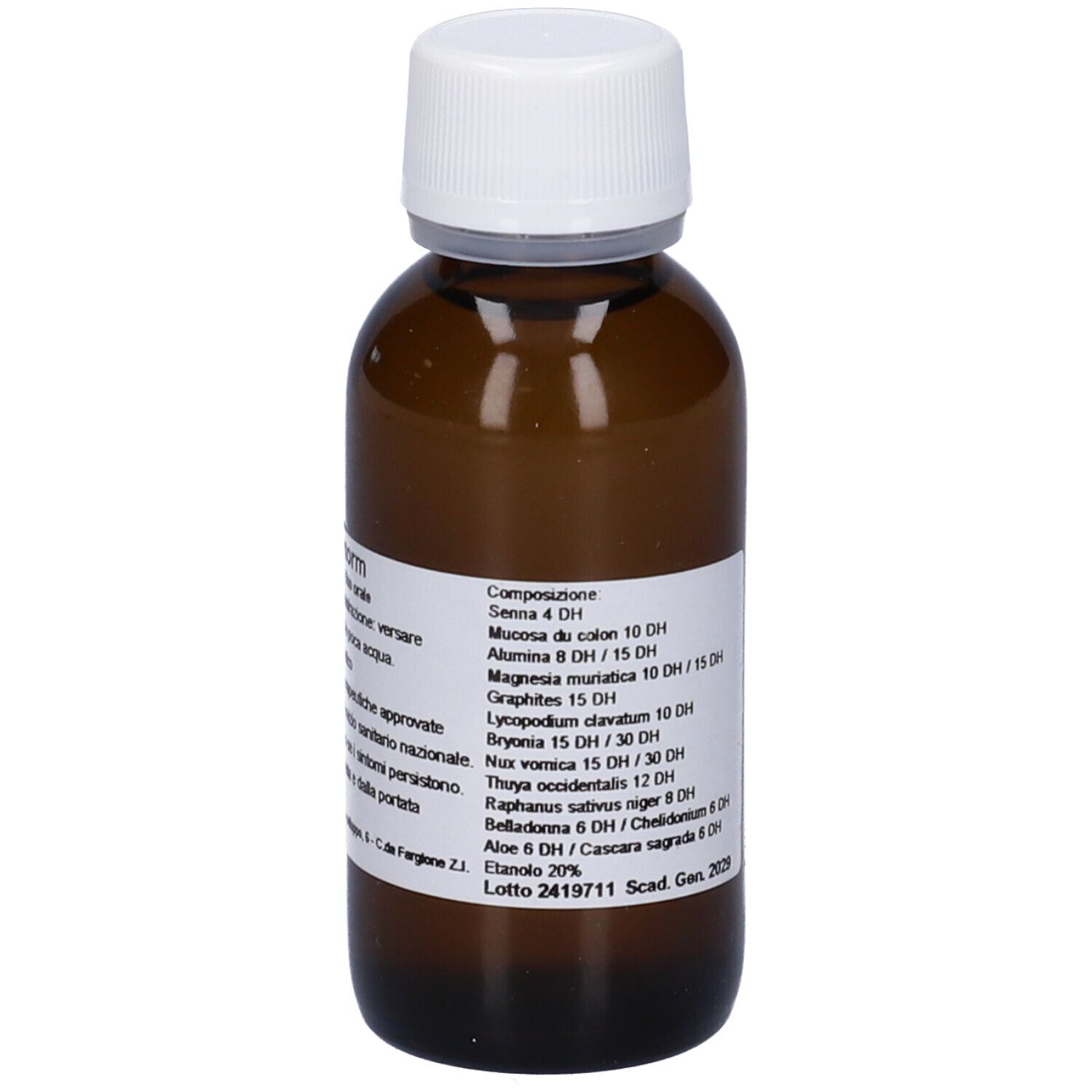 Flacone di vetro marrone con tappo bianco ed etichetta. Ingredienti e dosaggio sull'etichetta. Prodotto medico.
