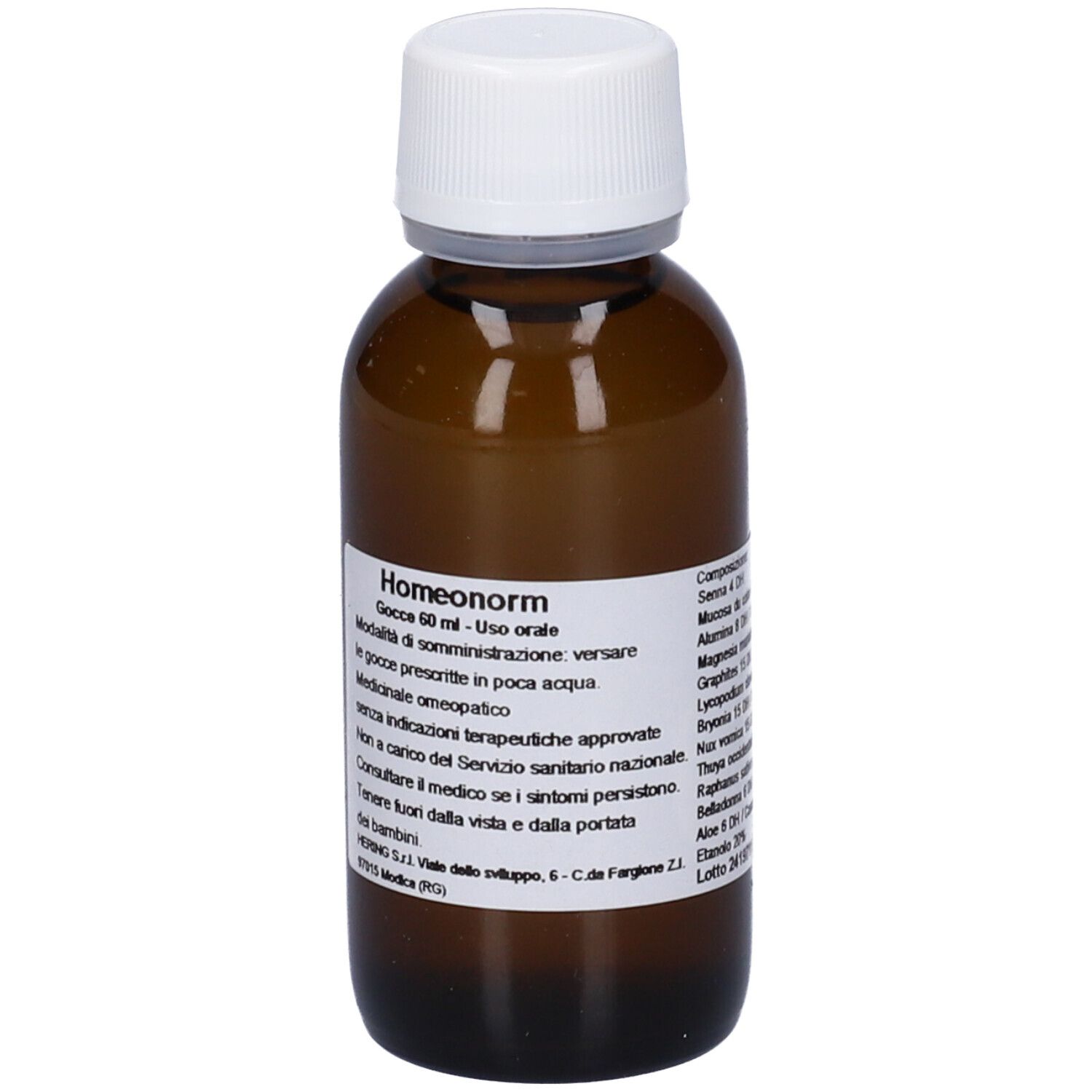 Flacone di vetro marrone con tappo bianco ed etichetta. Homeonorm sull'etichetta. Gocce per uso orale.