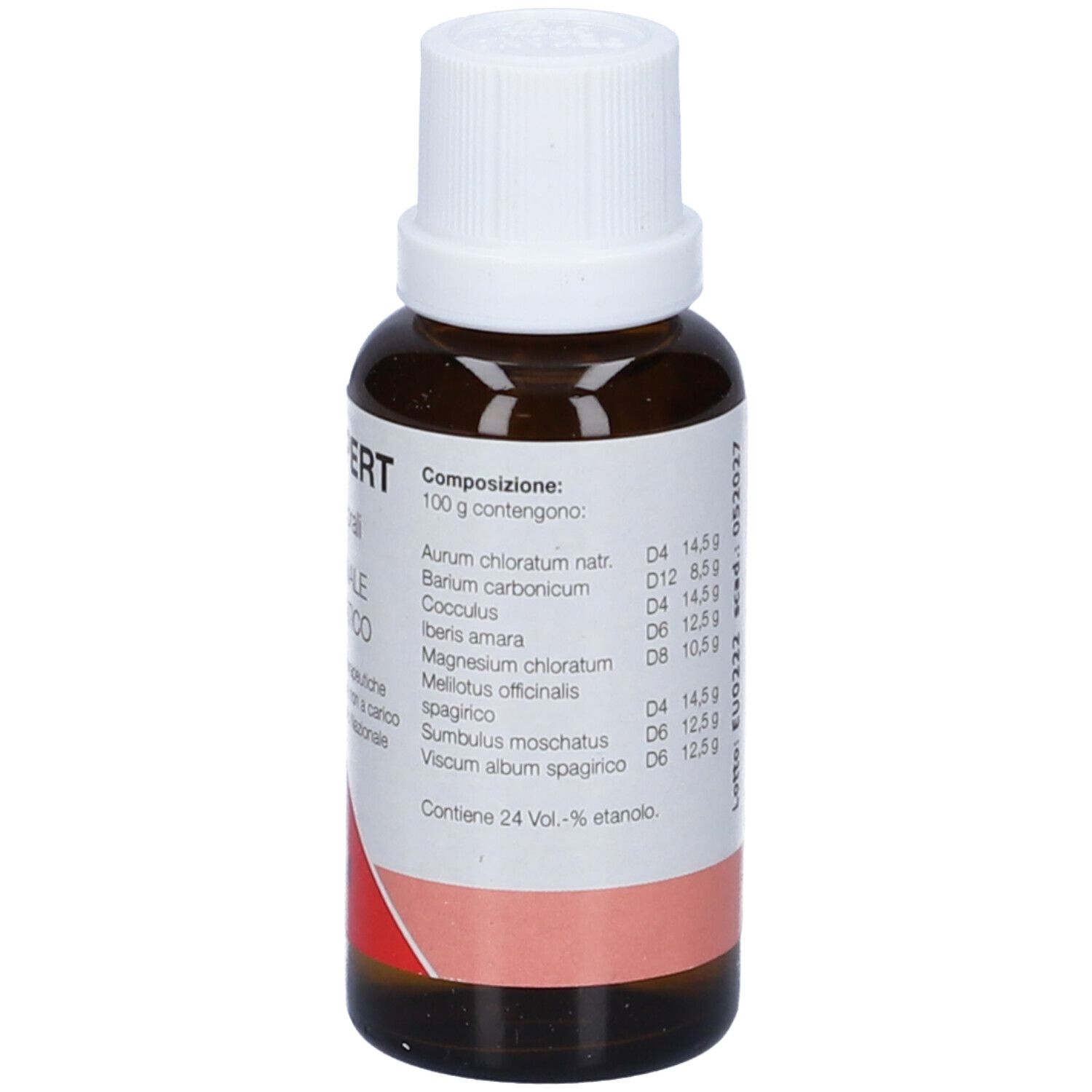 Flacone di vetro marrone con tappo bianco. Etichetta con testo. Vista dettagliata degli ingredienti.