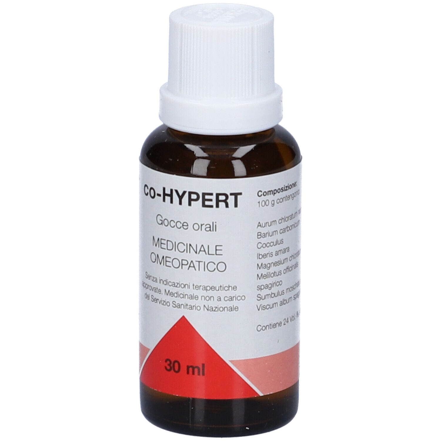 Flacone di vetro marrone con tappo bianco. Etichetta con triangolo rosso e testo: Co-HYPERT, 30 ml. Ingredienti.