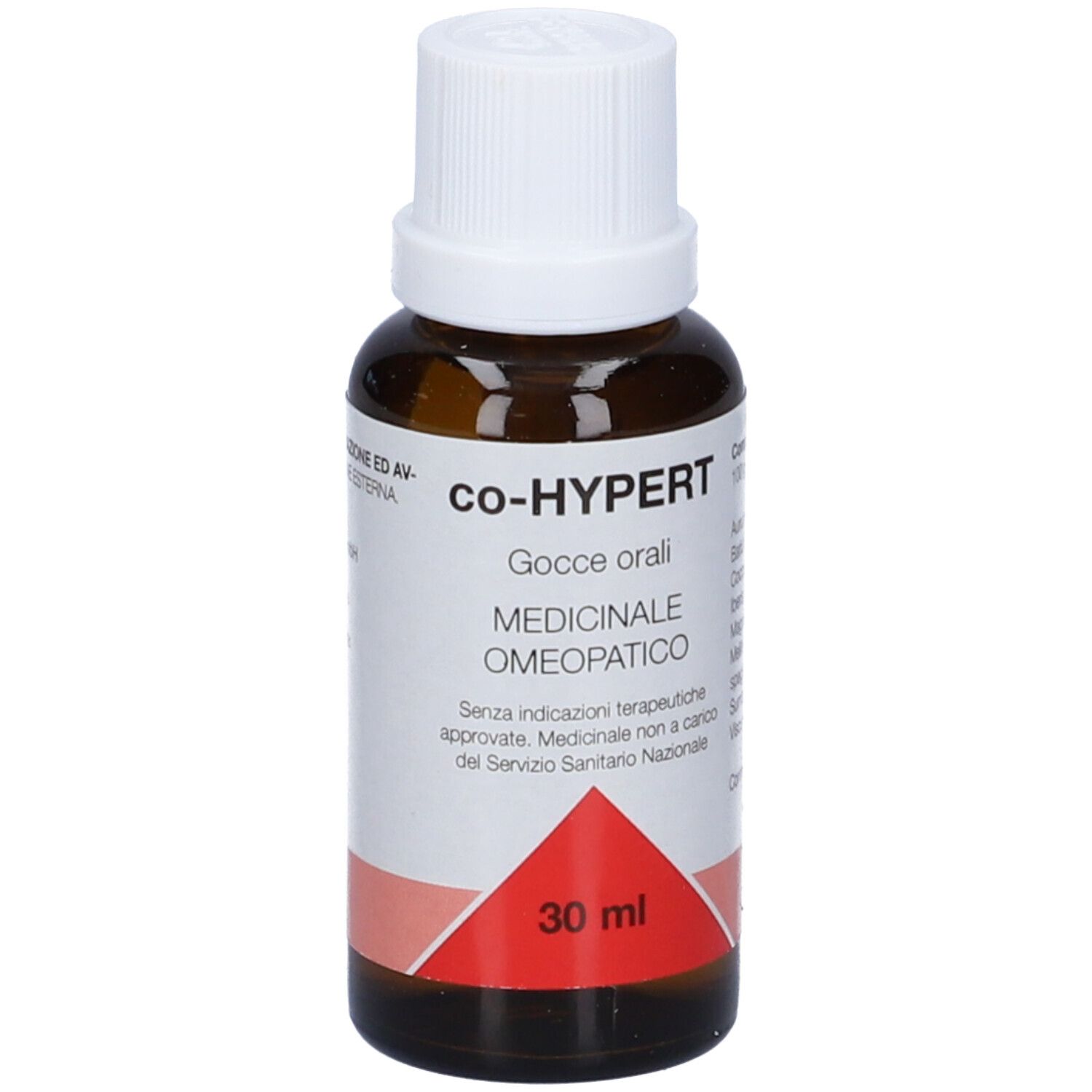 Flacone di vetro marrone con tappo bianco. Etichetta con triangolo rosso e testo: Co-HYPERT, 30 ml.