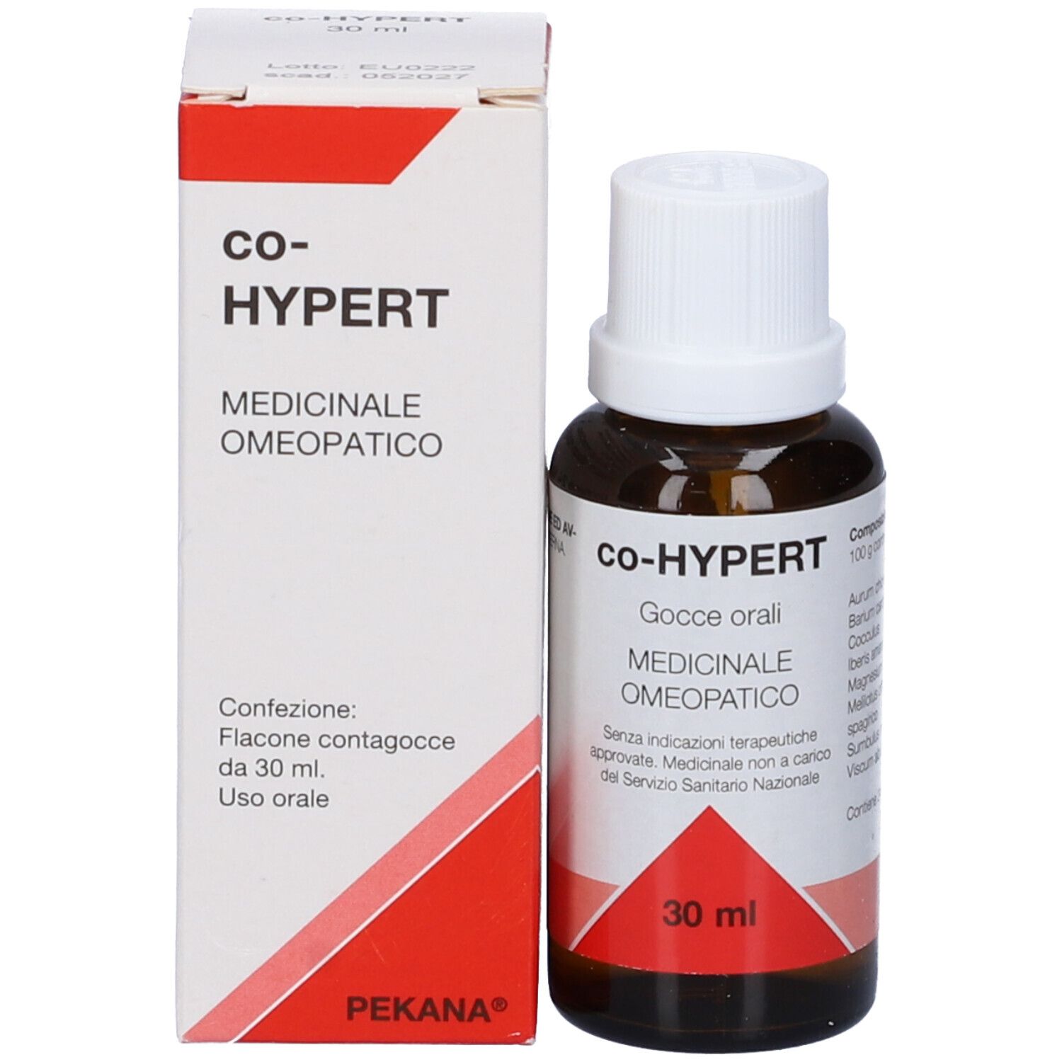 Flacone e confezione del prodotto. Flacone di vetro marrone con tappo bianco e scatola. Testo: Co-HYPERT, 30 ml.