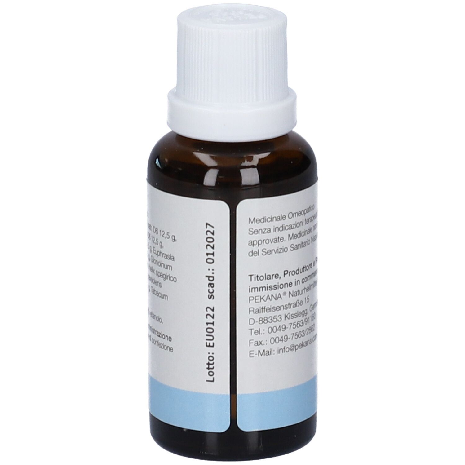 Flacone in vetro marrone con tappo a vite bianco, 50 ml.