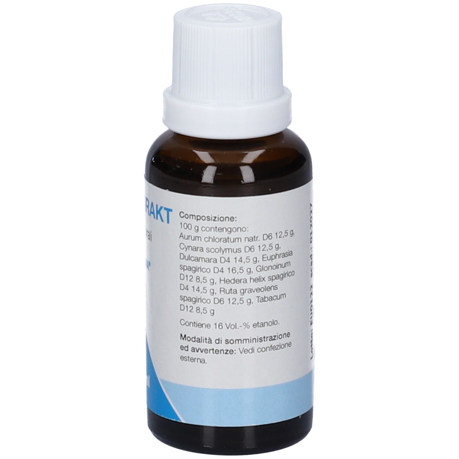 Flacone in vetro marrone con tappo a vite bianco, 30 ml.