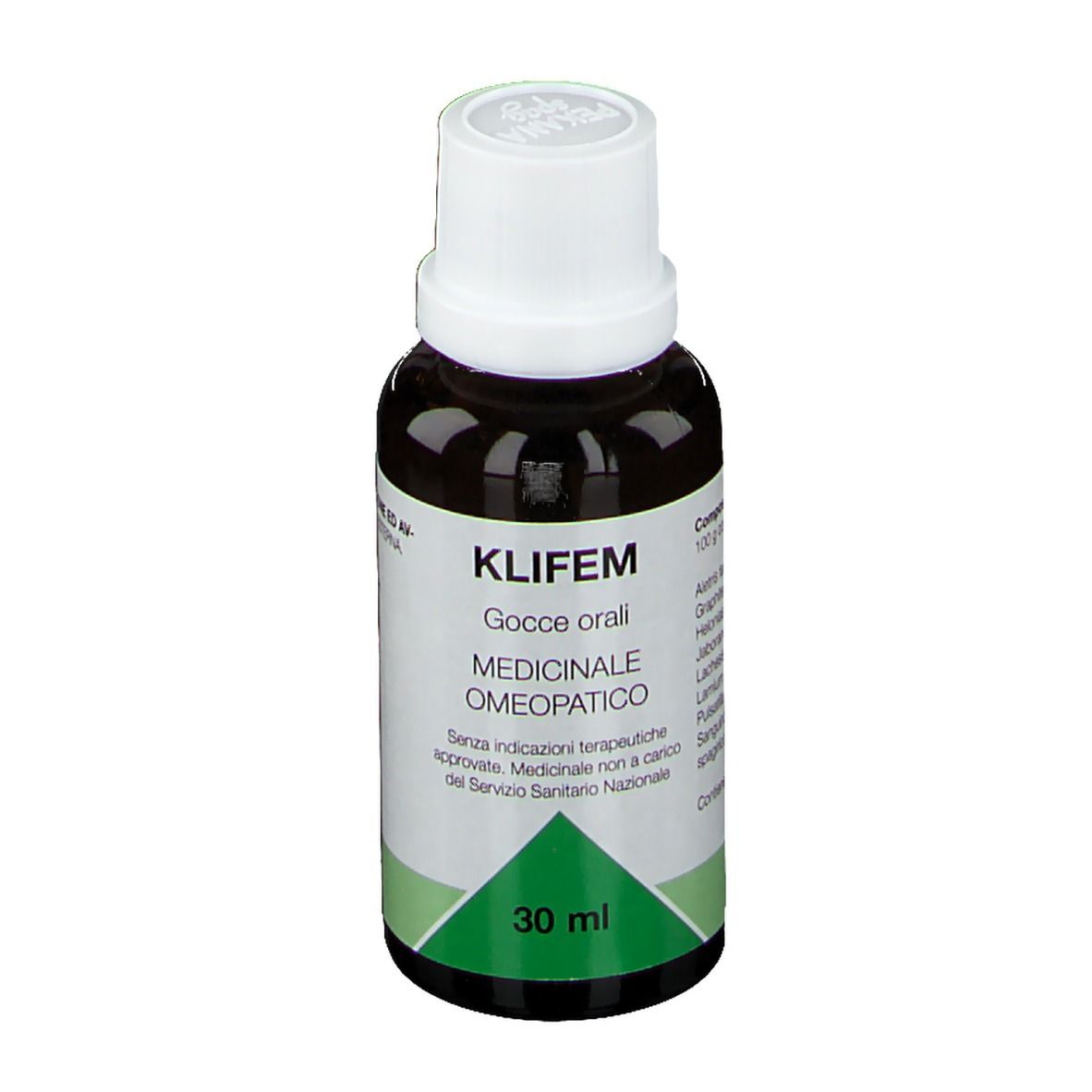 Flacone marrone con tappo bianco. Scritta: KLIFEM, Gocce orali, 30 ml.