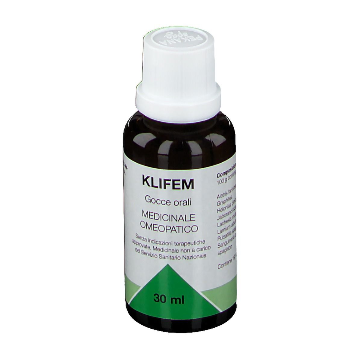 Flacone marrone con tappo bianco. Scritta: KLIFEM, Gocce orali. Elenco ingredienti.