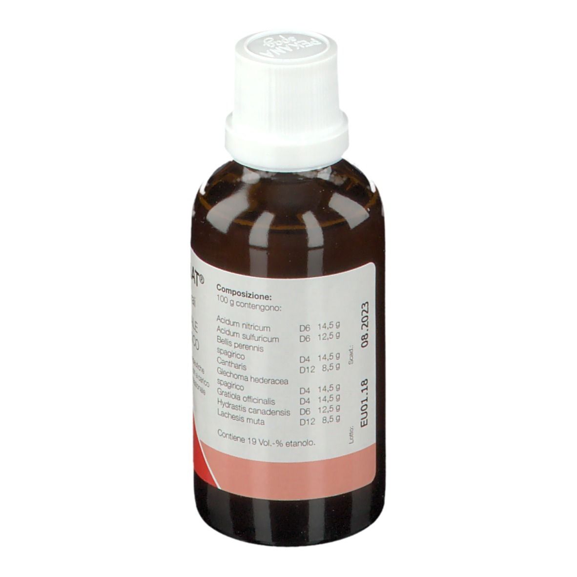 Flacone marrone con tappo bianco. Etichetta con ingredienti e scadenza 08.2023.