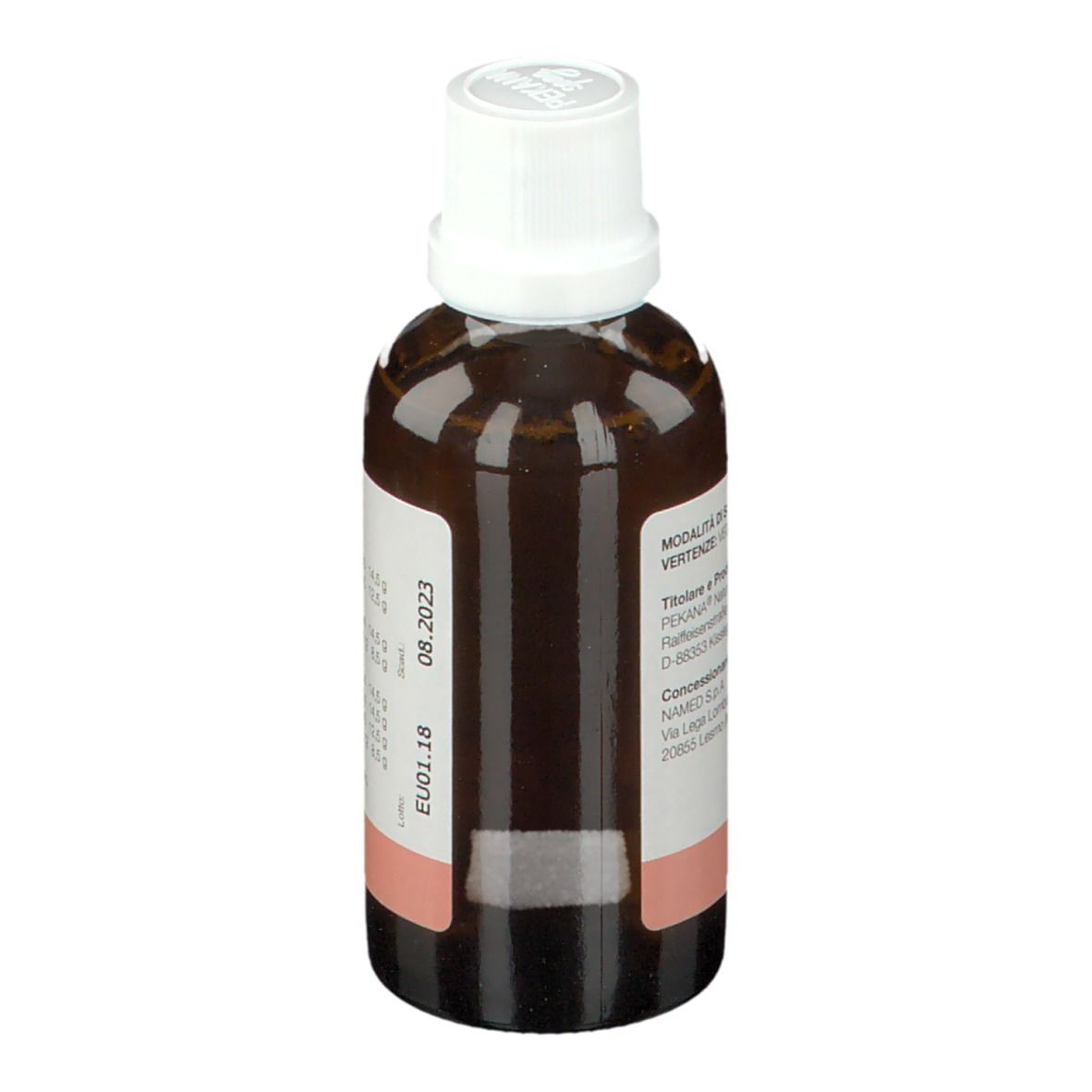 Flacone marrone con tappo bianco. Etichetta con scadenza 08.2023 e informazioni di produzione.