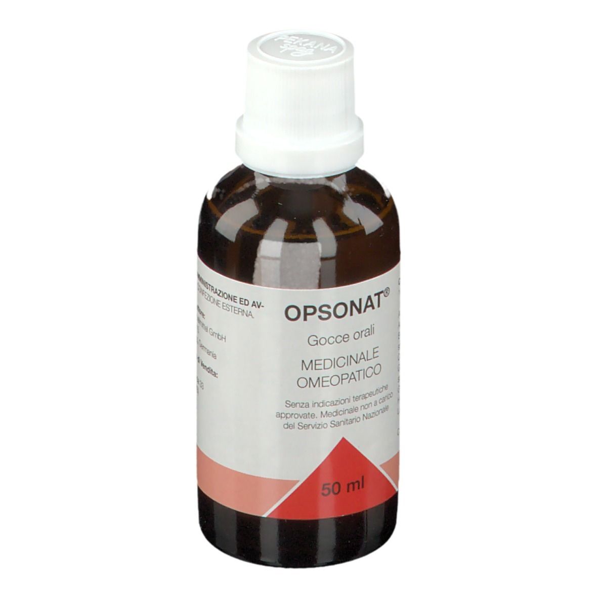 Flacone marrone con tappo bianco. Etichetta con OPSONAT®, Gocce orali, 50 ml. Medicinale.