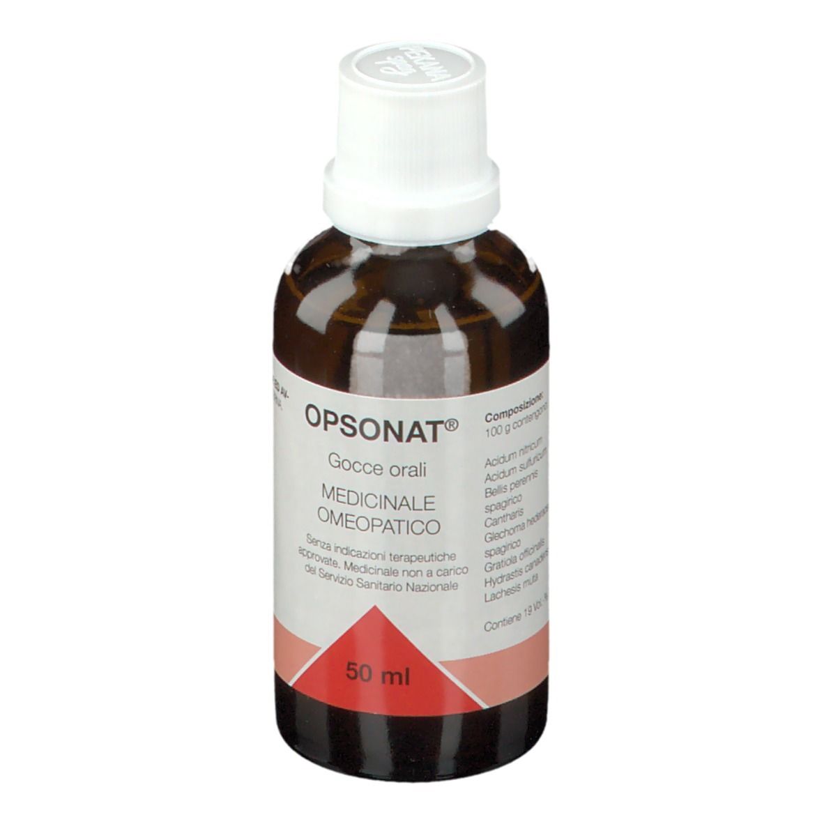 Flacone marrone con tappo bianco. Etichetta con OPSONAT®, Gocce orali, 50 ml. Medicinale.