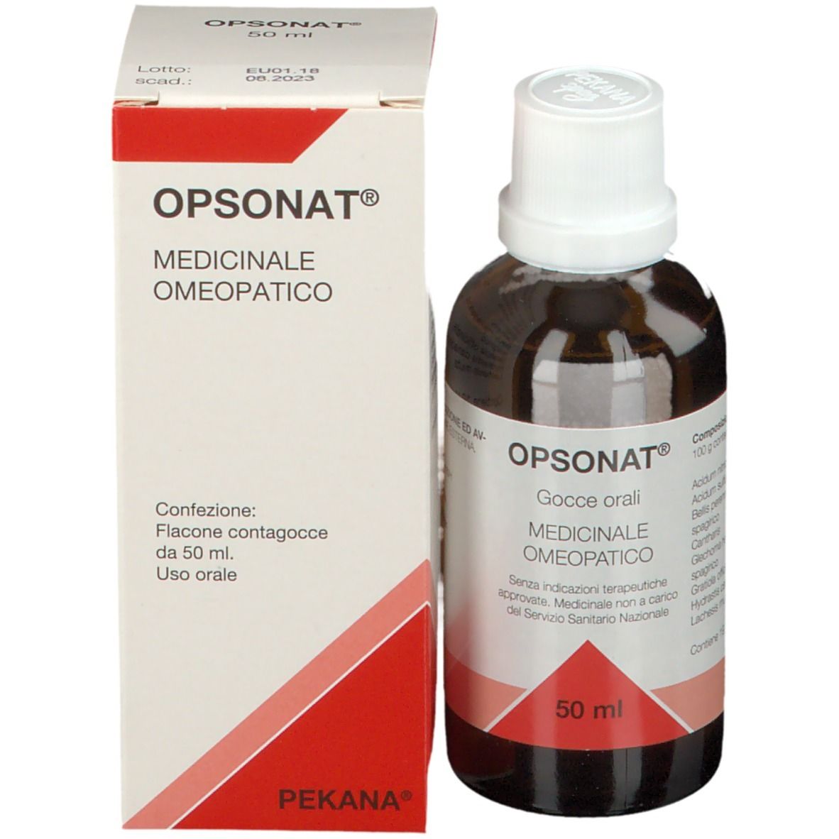 Flacone e confezione OPSONAT® Gocce orali. 50 ml. Medicinale. Confezione bianca e rossa.
