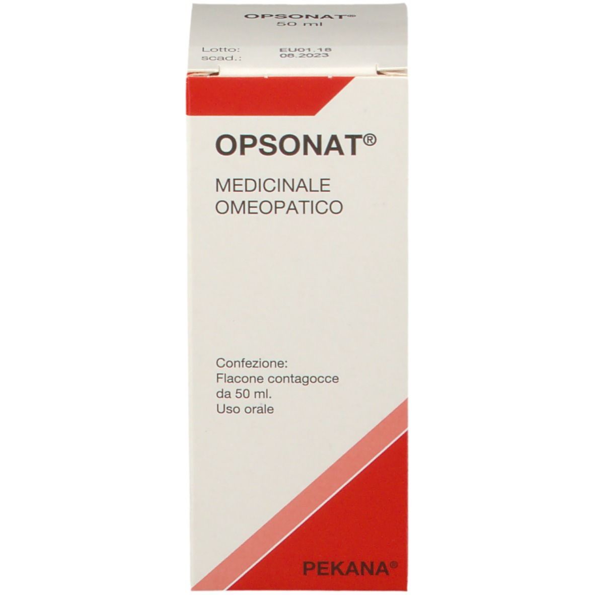 Confezione bianca con OPSONAT® Gocce orali. Medicinale. Accenti rossi. Logo PEKANA.