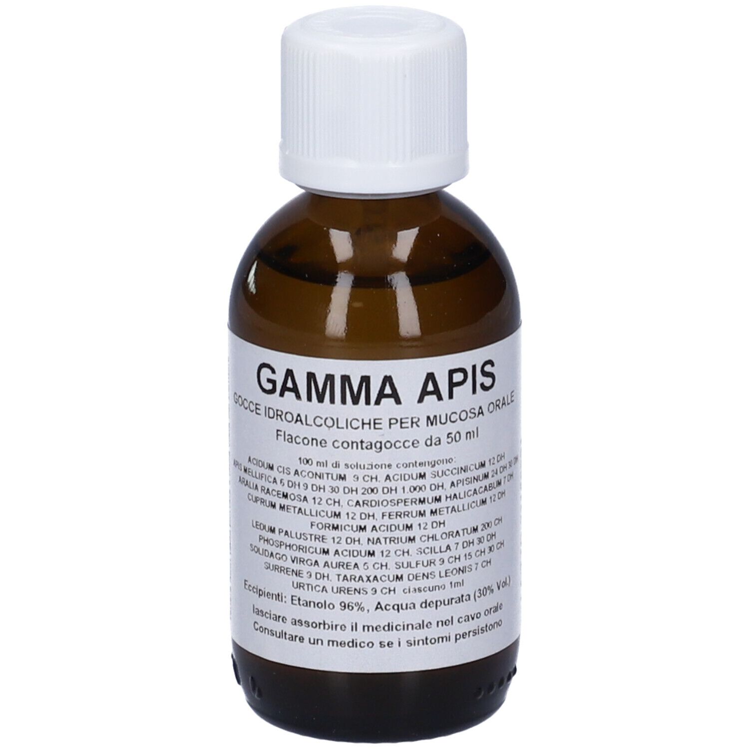Flacone di vetro marrone con tappo bianco. Etichetta con testo: Gamma Apis, gocce, 50 ml.