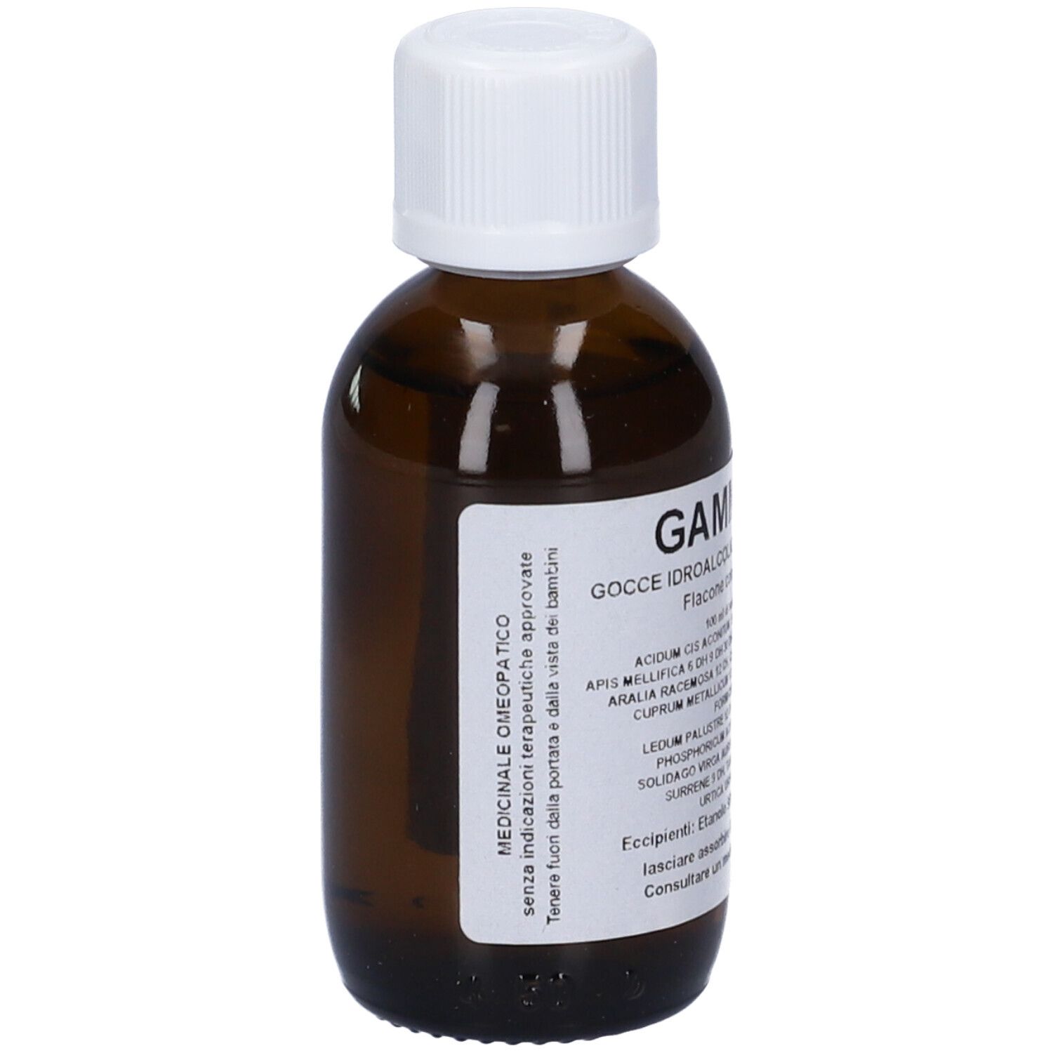 Flacone di vetro marrone con tappo bianco. Etichetta con testo: Gamma Apis, gocce, 50 ml.