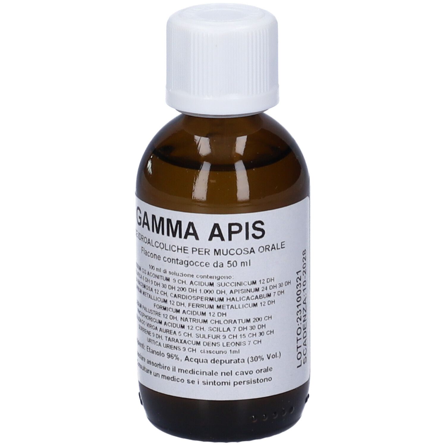 Flacone di vetro marrone con tappo bianco. Etichetta con testo: Gamma Apis, gocce, 50 ml.