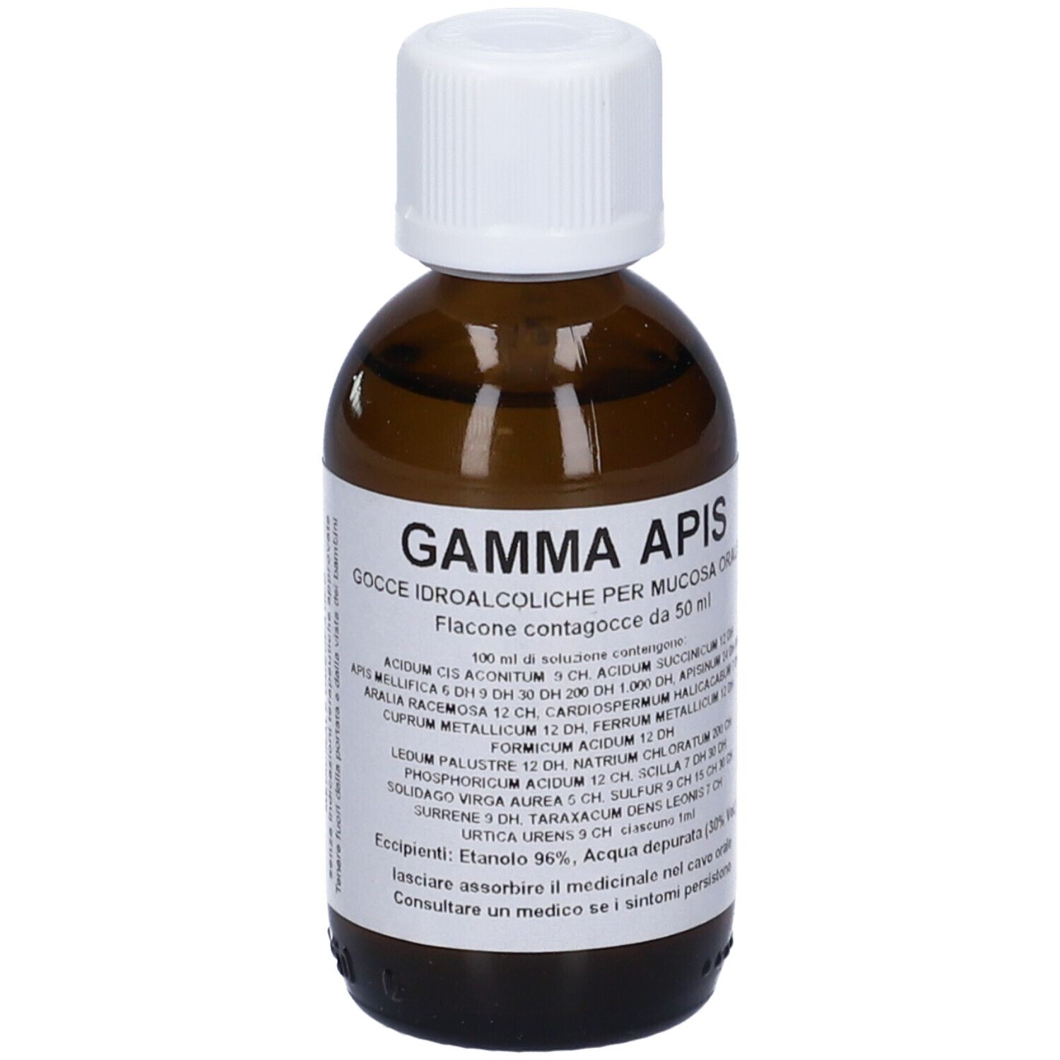 Flacone di vetro marrone con tappo bianco. Etichetta con testo: Gamma Apis, gocce, 50 ml.