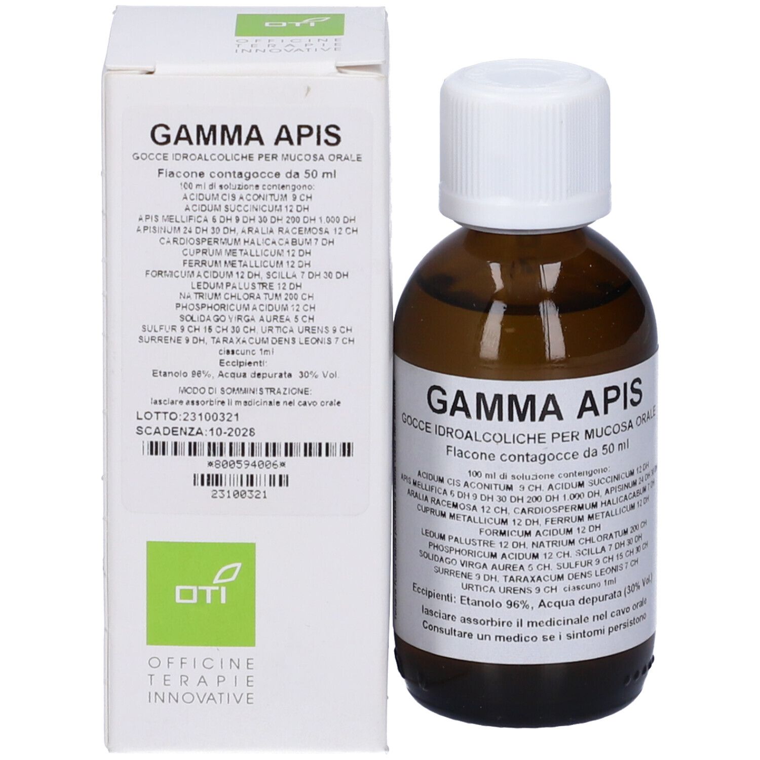 Flacone marrone con tappo bianco e scatola. Scritta: Gamma Apis, gocce, 50 ml.