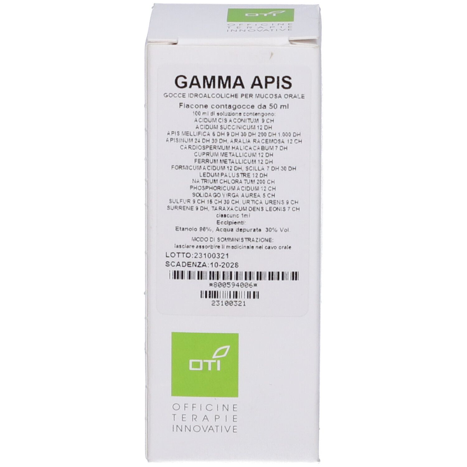 Scatola con scritta: Gamma Apis, gocce, 50 ml. Bianco sopra e lato, marrone sotto.