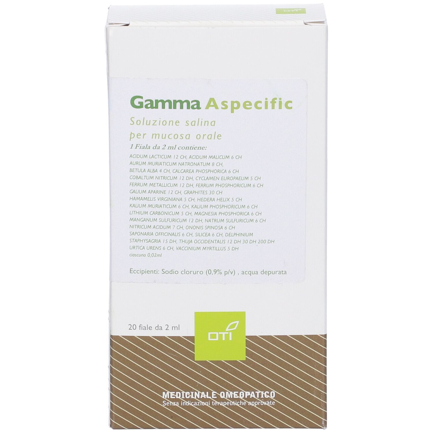 Scatola bianca con testo verde. Scritto: Gamma Aspecific, soluzione per mucosa orale. 20 fiale.