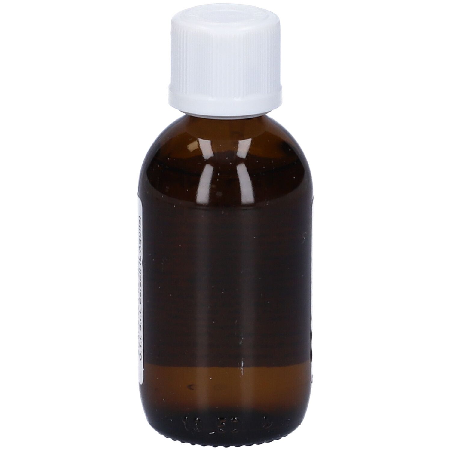 Flacone di vetro marrone con tappo bianco. Nessuna etichetta visibile. Flacone contagocce.