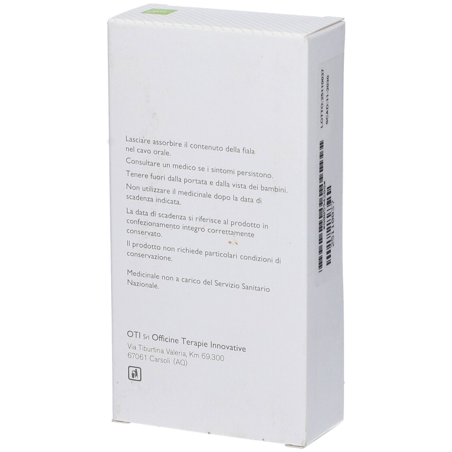 Retro scatola con istruzioni per l'uso. Logo e indirizzo OTI.