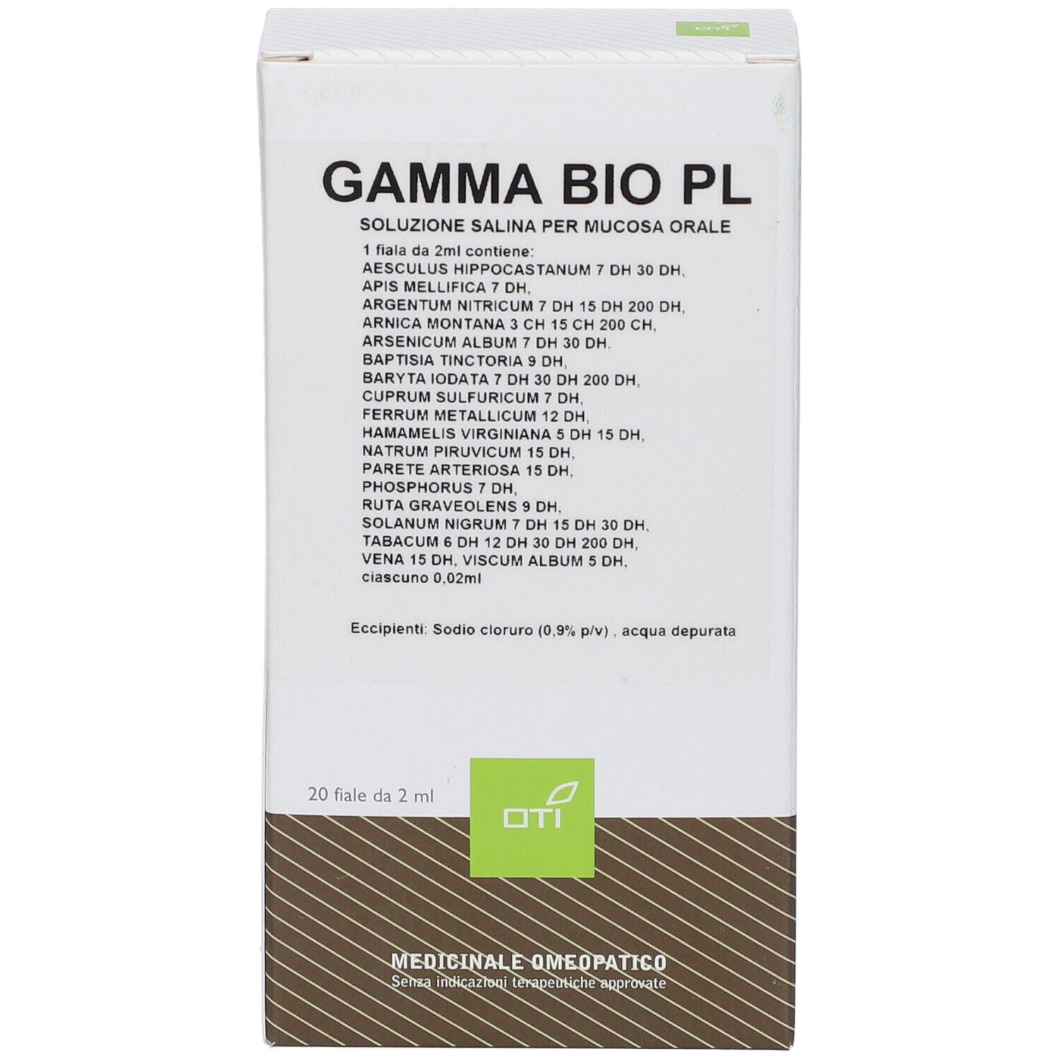 Scatola bianca Gamma Bio PL con 20 fiale da 2ml. Elenco ingredienti e logo OTI in basso.