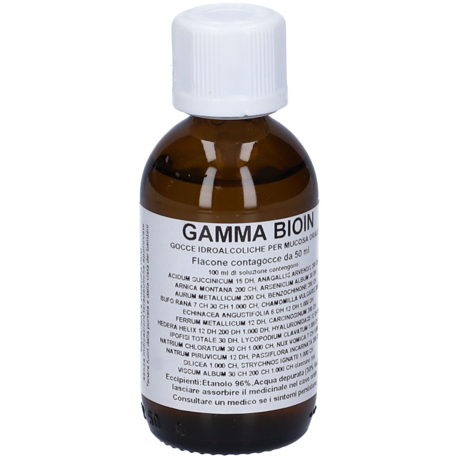 Flacone di vetro marrone con tappo bianco. Etichetta con nome del prodotto e ingredienti. Contagocce.