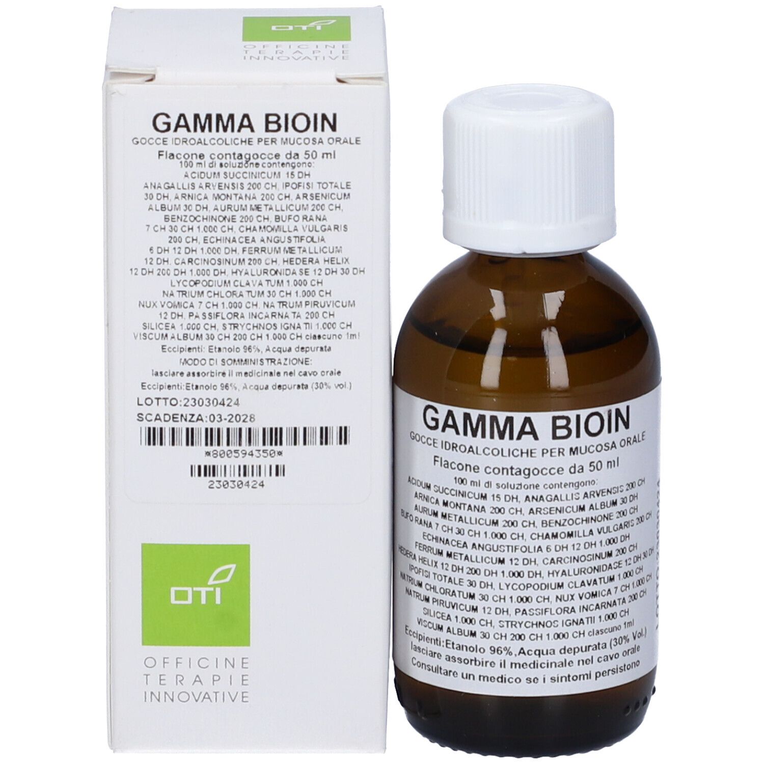 Flacone di vetro marrone con tappo bianco e scatola. Nome del prodotto e informazioni sulla scatola. Contagocce.