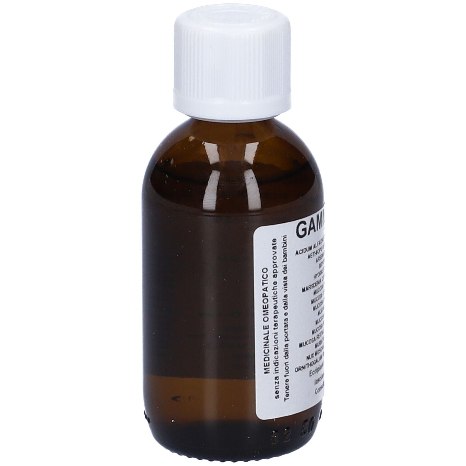 Flacone di vetro marrone con tappo bianco. Etichetta con testo. Prodotto medico. Testo in italiano.