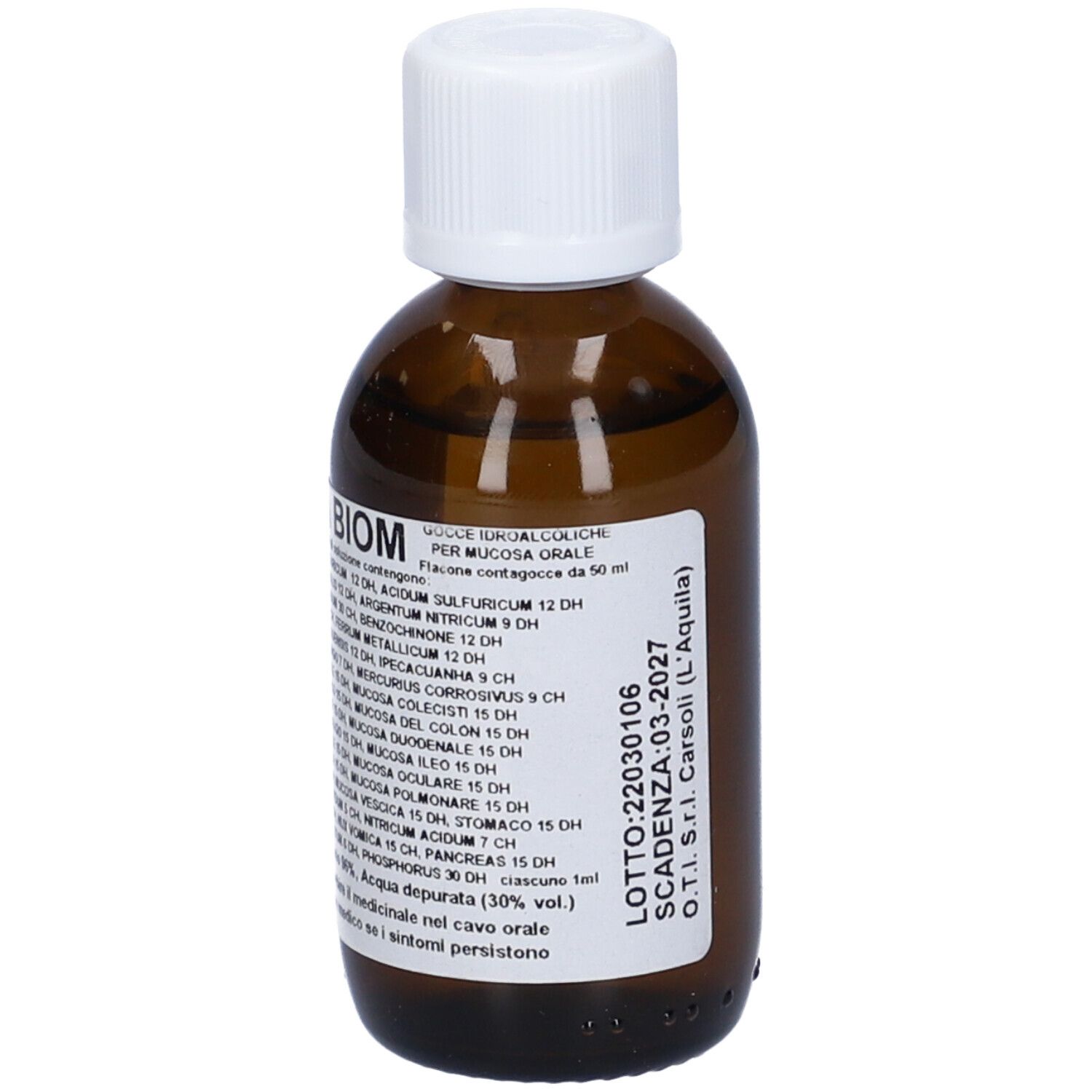 Flacone di vetro marrone con tappo bianco. Etichetta con testo: Gamma Biom. 50 ml di soluzione. Elenco ingredienti.