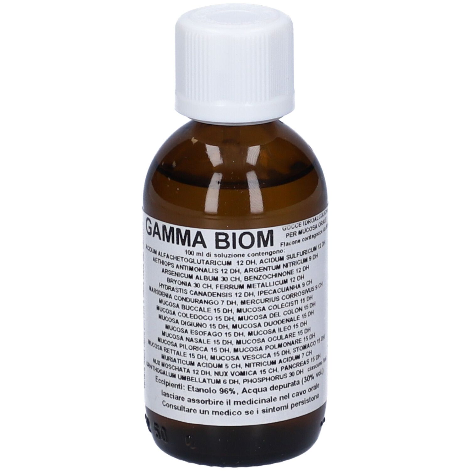 Flacone di vetro marrone con tappo bianco. Etichetta con testo: Gamma Biom. 100 ml di soluzione. Elenco ingredienti.