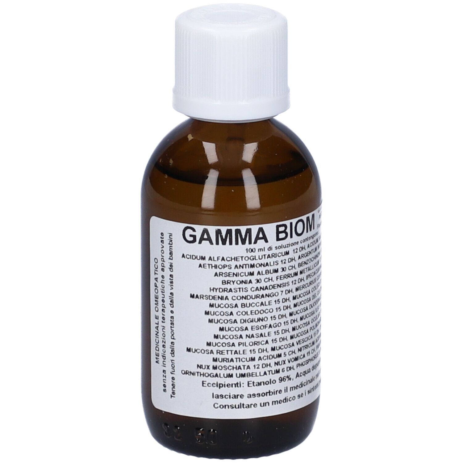 Flacone di vetro marrone con tappo bianco. Etichetta con testo: Gamma Biom. 100 ml di soluzione. Elenco ingredienti.
