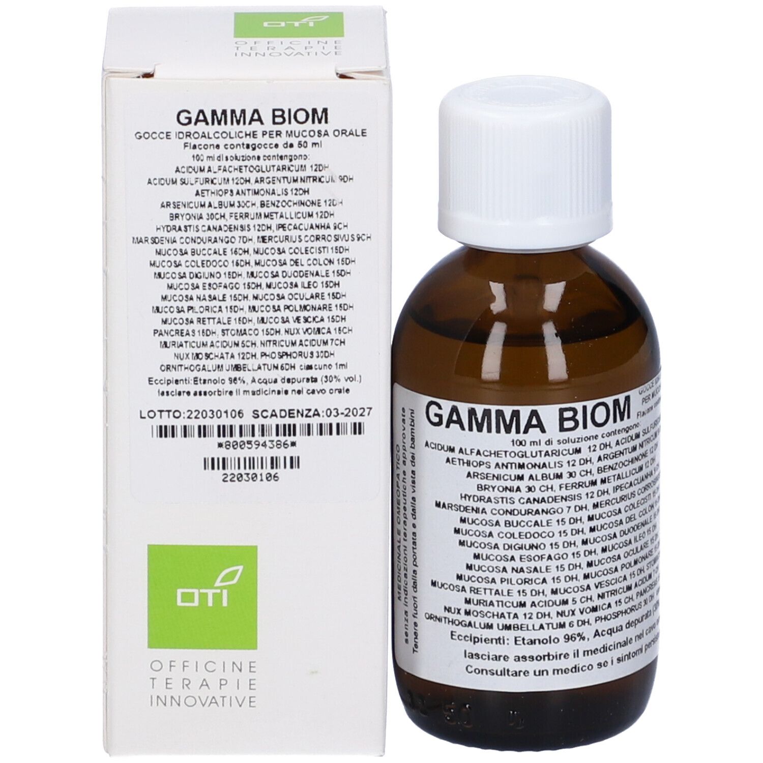 Flacone e confezione del prodotto. Flacone marrone, tappo bianco. Scatola con testo: Gamma Biom. Elenco ingredienti.