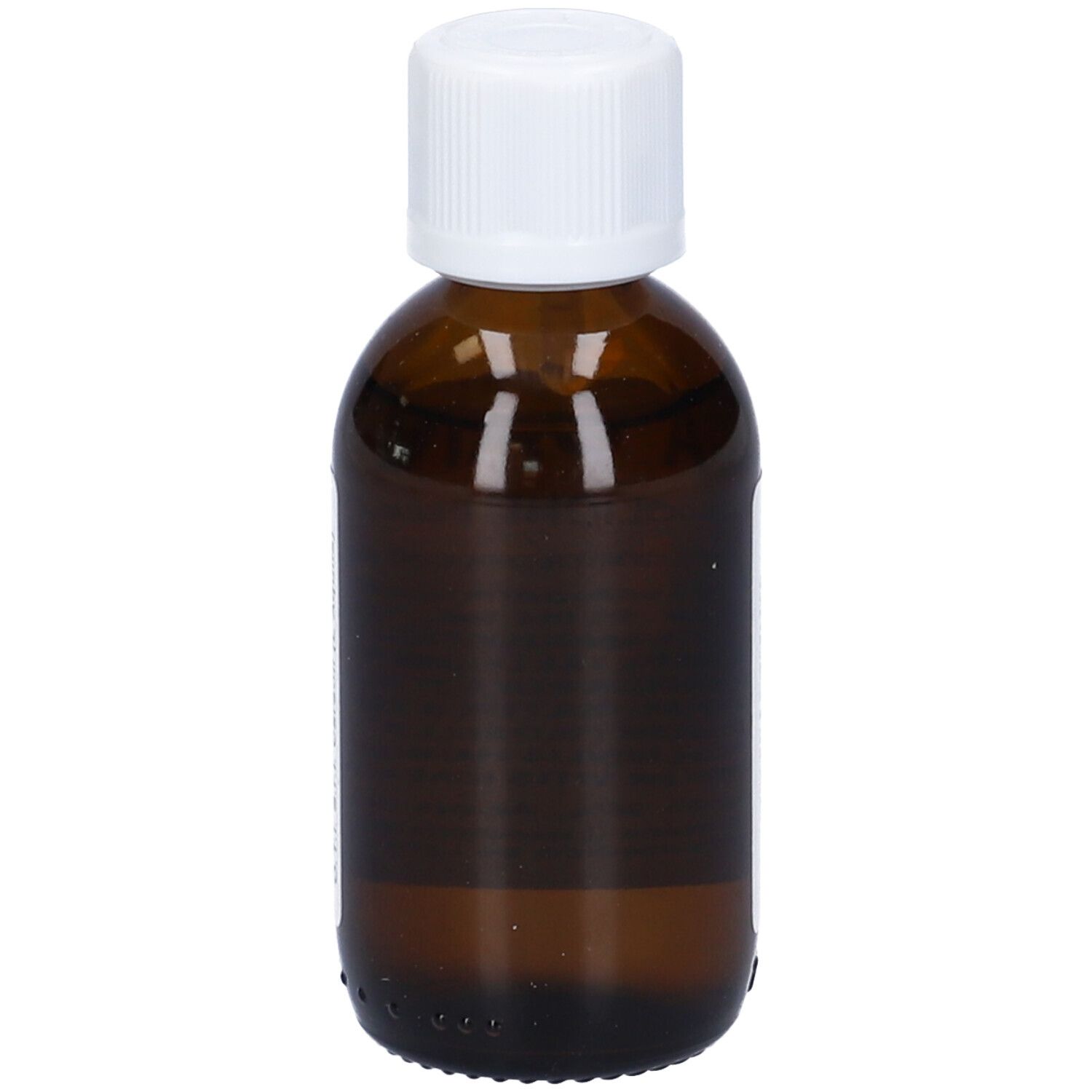 Flacone di vetro marrone con tappo bianco. Scritta illeggibile. Etichetta.