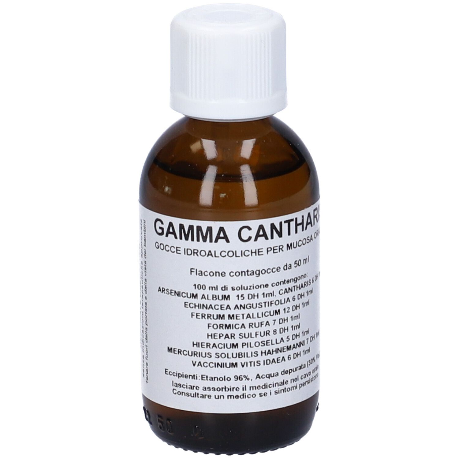 Flacone di vetro marrone con tappo bianco. Scritta: Gamma Cantharis Gocce Idroalcoliche. Etichetta con ingredienti.