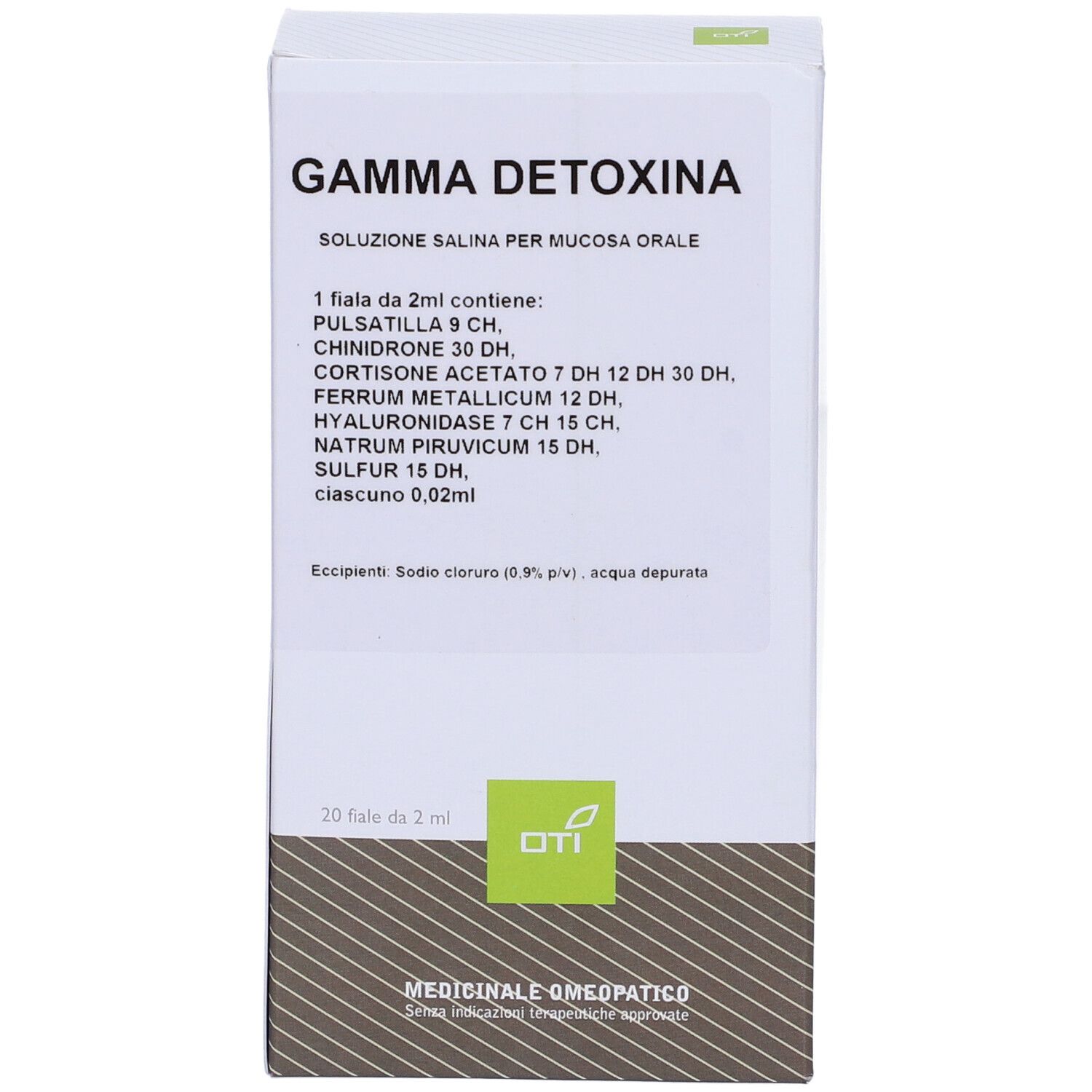 Scatola bianca Gamma Detoxina. Contiene 20 fiale. Logo OTI in basso a destra. Informazioni prodotto.