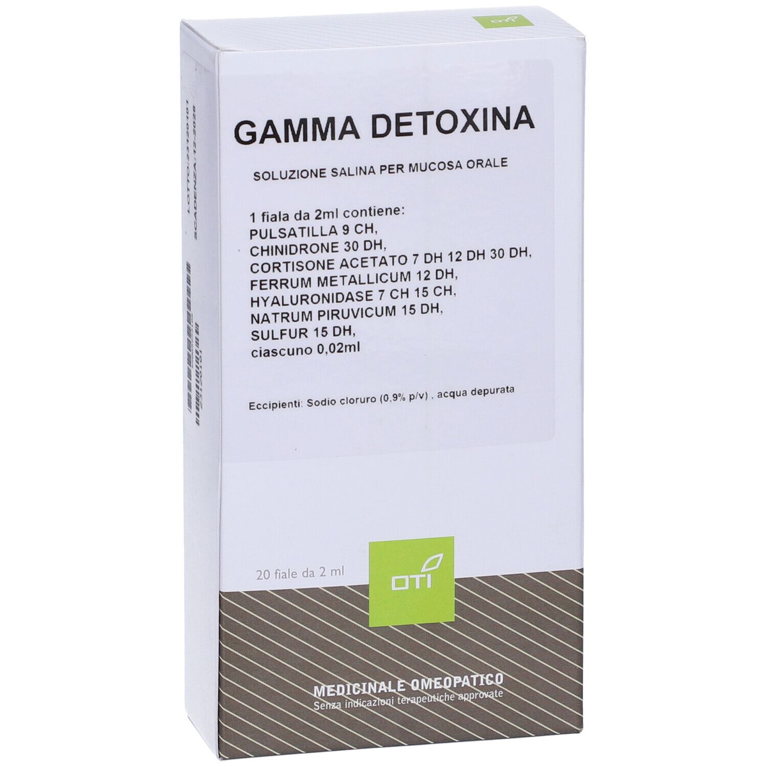 Scatola bianca Gamma Detoxina. Contiene 20 fiale. Logo OTI in basso a destra. Informazioni prodotto.