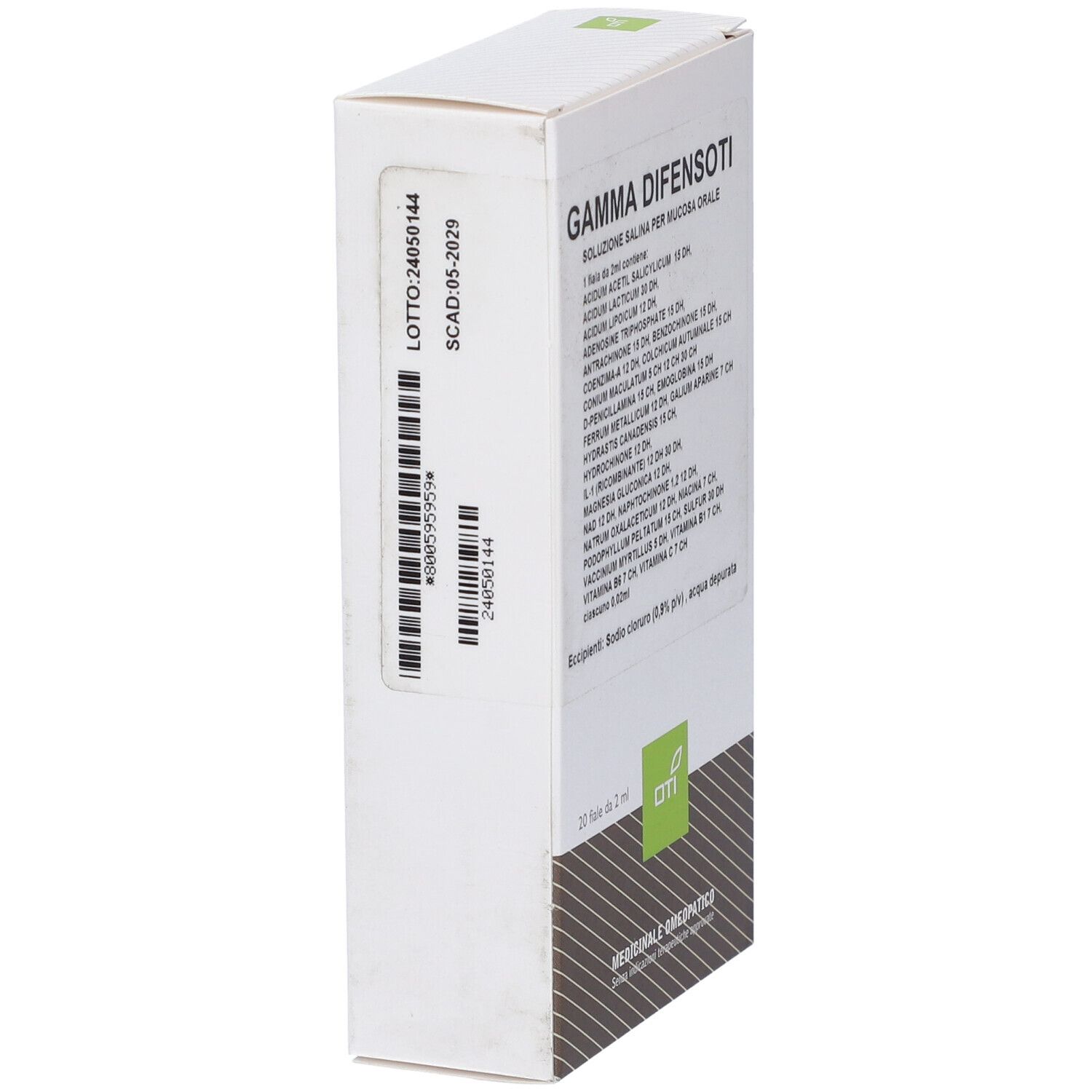 Vista laterale della confezione Gamma Difensoti. Testo: Gamma Difensoti, numero di lotto, scadenza, logo OTI.